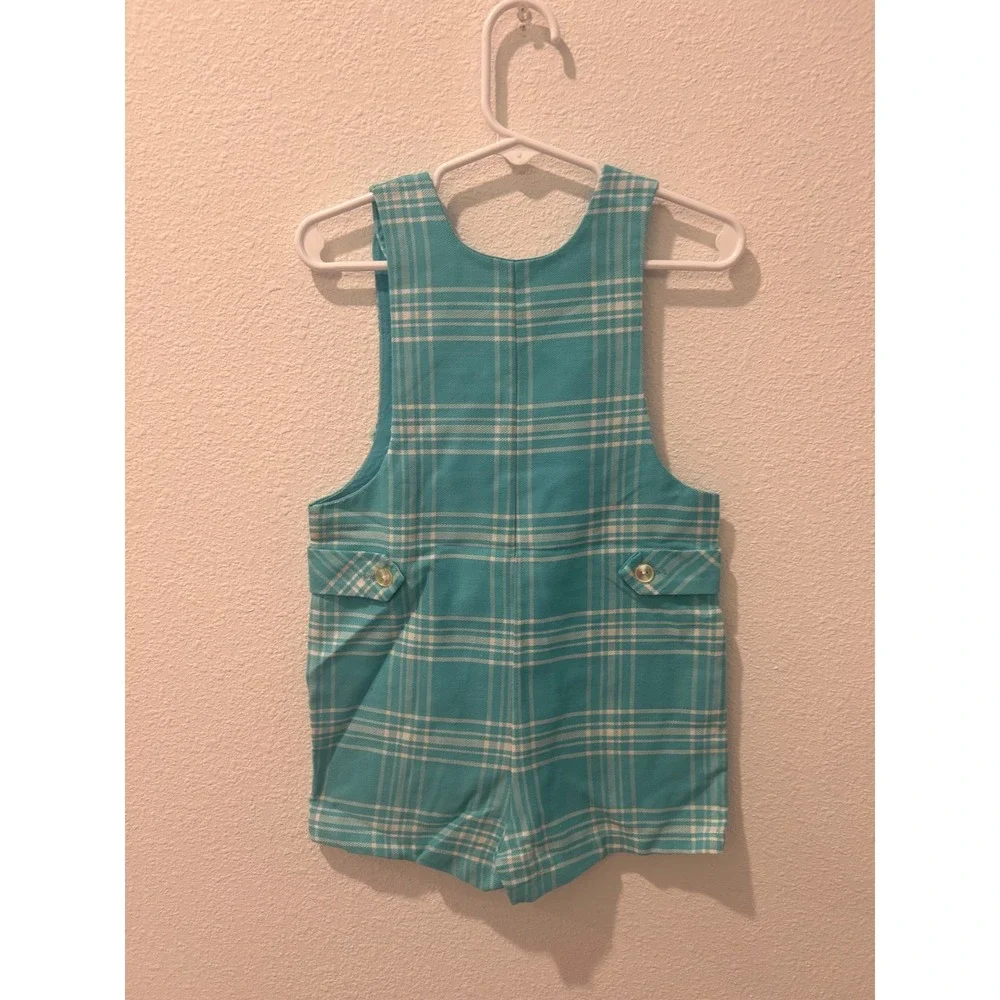 Vintage‎ Blue Plaid Romper Kids Sleeveless Button Shoulder One Piece Checkered